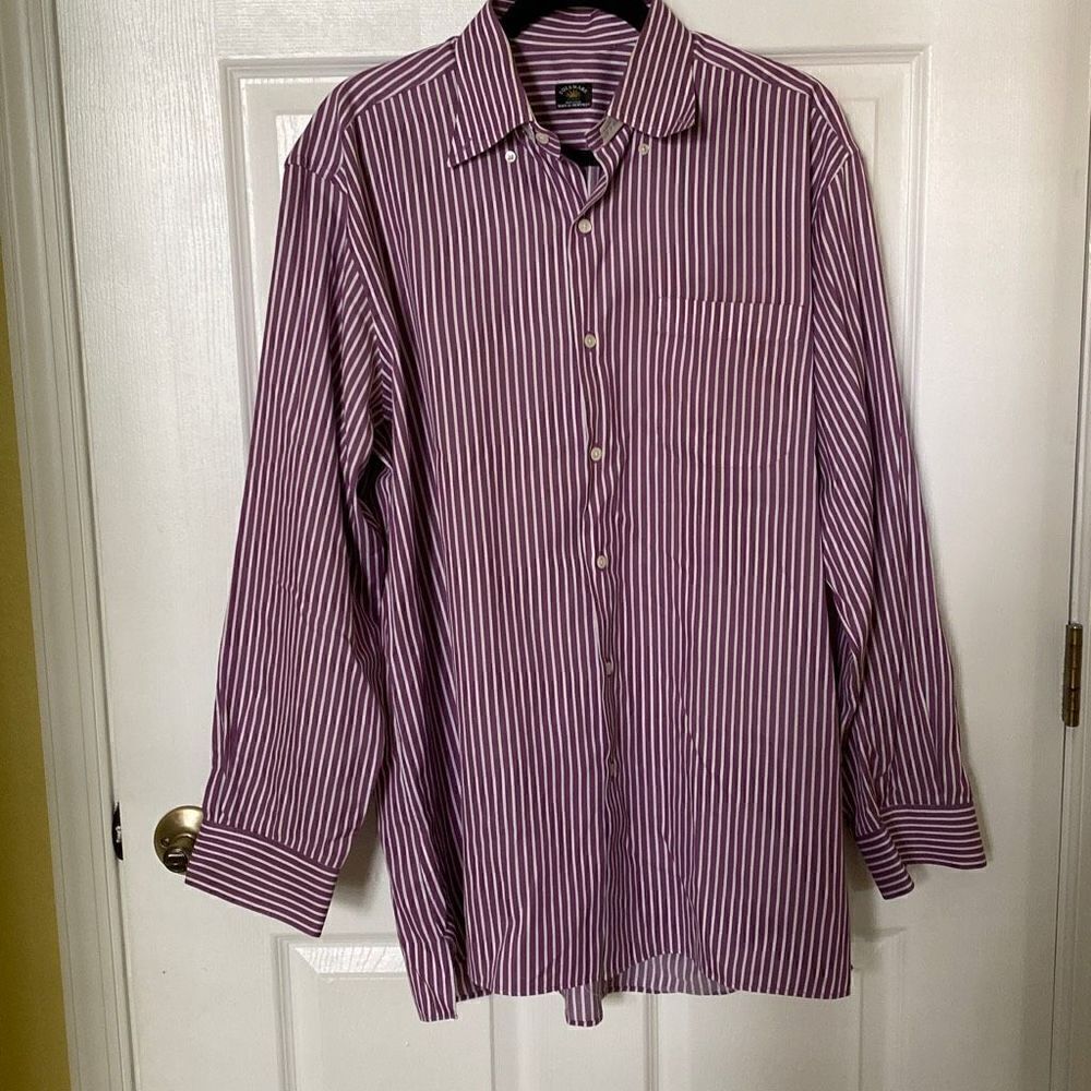 Mens Solemare Dress Shirt, Purple and White Striped, Size Large